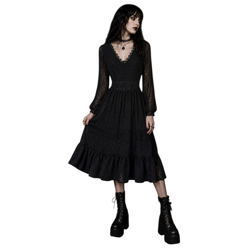 One One Six Whimsigoth Milkmaid Midi Dress Womens S Tiered Lace Black Grunge